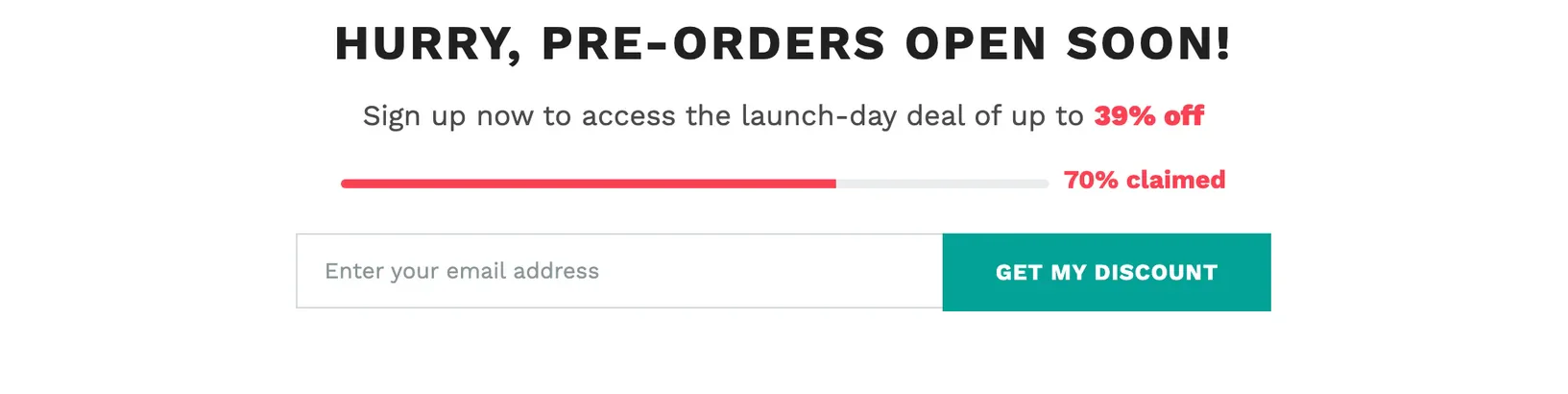 Band: HURRY, PRE-ORDERS OPEN SOON! Sign up now to access the launch-day deal of up to 39% off, with a progress bar reading 70% claimed, an email field, and a GET MY DISCOUNT button.