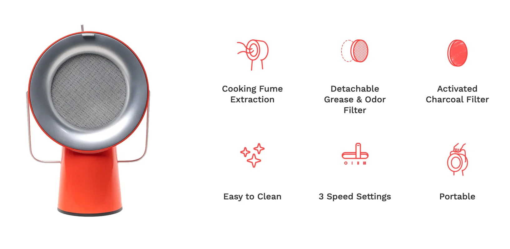 The device photographed against white beside a grid of six red line icons: Cooking Fume Extraction, Detachable Grease & Odor Filter, Activated Charcoal Filter, Easy to Clean, 3 Speed Settings, Portable.