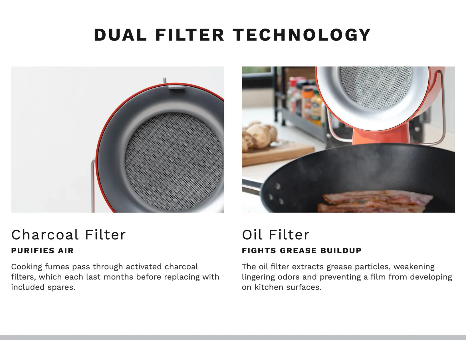 Dual Filter Technology — two photos, the mesh intake up close and the device at work beside a wok, above paired columns. Charcoal Filter, Purifies Air: cooking fumes pass through activated charcoal filters, which each last months before replacing with included spares. Oil Filter, Fights Grease Buildup: the oil filter extracts grease particles, weakening lingering odors and preventing a film on kitchen surfaces.
