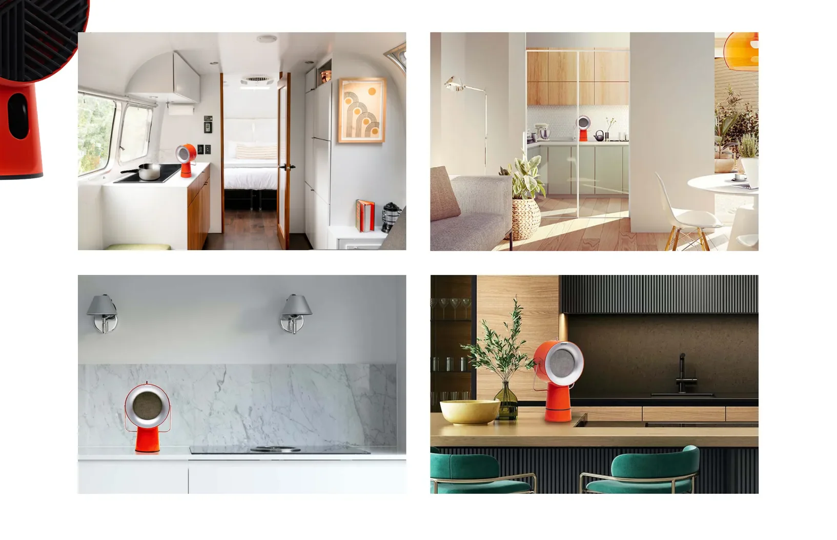 A photo grid of kitchens — a campervan galley, a bright apartment, a marble counter, a dark modern kitchen — each with the AirHood in place.