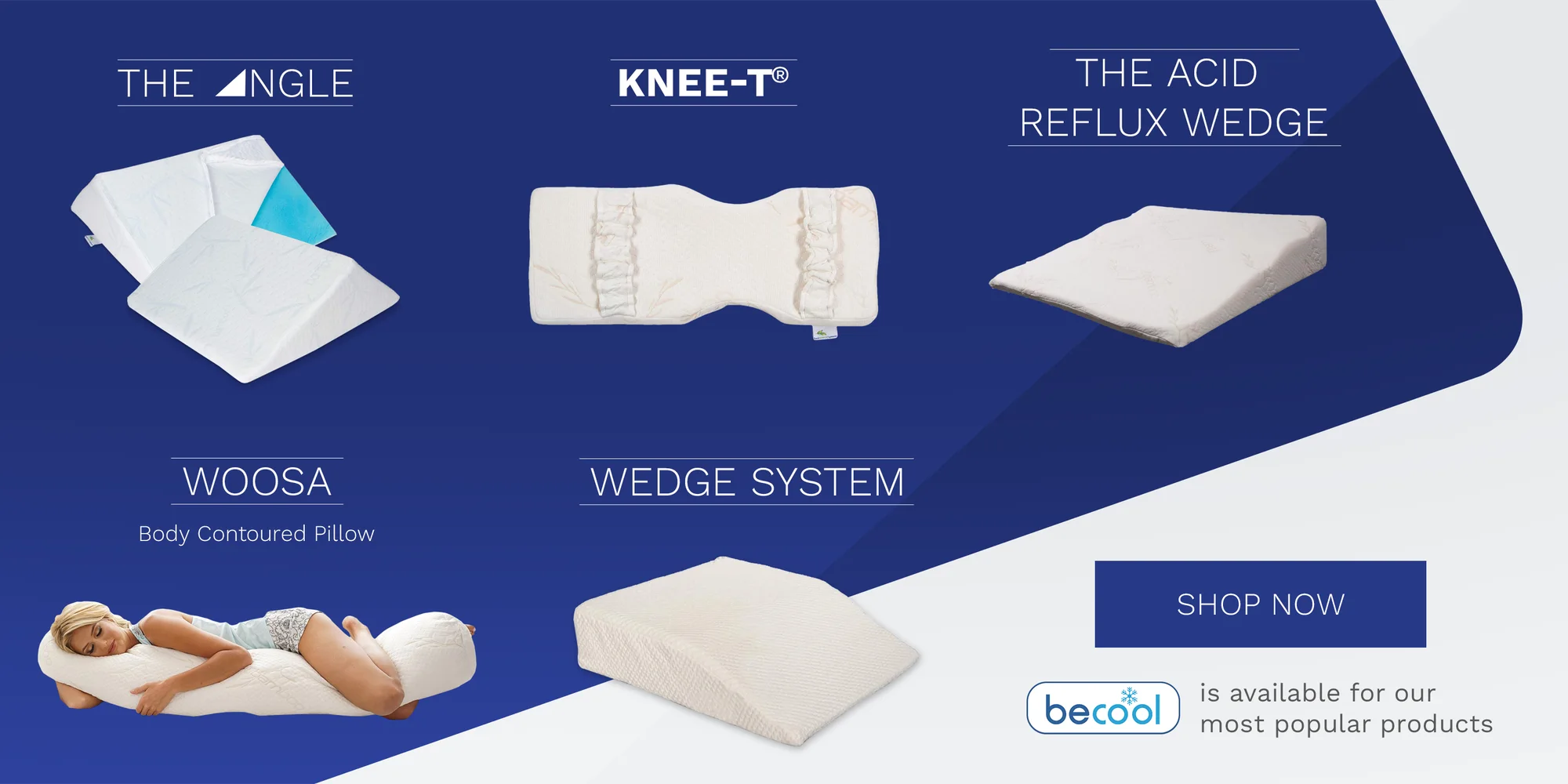The product-family cross-sell module on deep blue: The Angle, Knee-T, The Acid Reflux Wedge, Woosa (a body-contoured pillow), and the Wedge System. A 'Shop Now' button sits above the be cool logo and the line 'is available for our most popular products.'