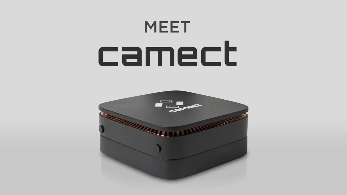 The square black Camect hub on a grey backdrop under the words “Meet camect”