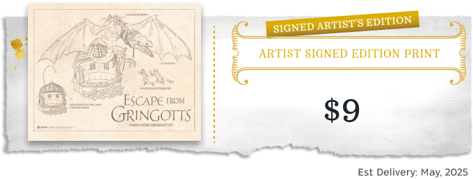 Add-on card: Signed Artist's Edition print of the Escape from Gringotts sketch — $9, estimated delivery May 2025.