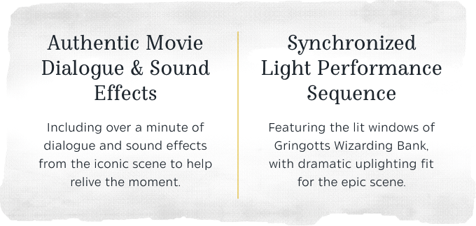 Double feature card: Authentic Movie Dialogue & Sound Effects — including over a minute of dialogue and sound effects from the iconic scene; Synchronized Light Performance Sequence — featuring the lit windows of Gringotts Wizarding Bank, with dramatic uplighting fit for the epic scene.