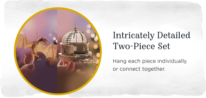 Torn-paper feature card: Intricately Detailed Two-Piece Set — hang each piece individually, or connect together.