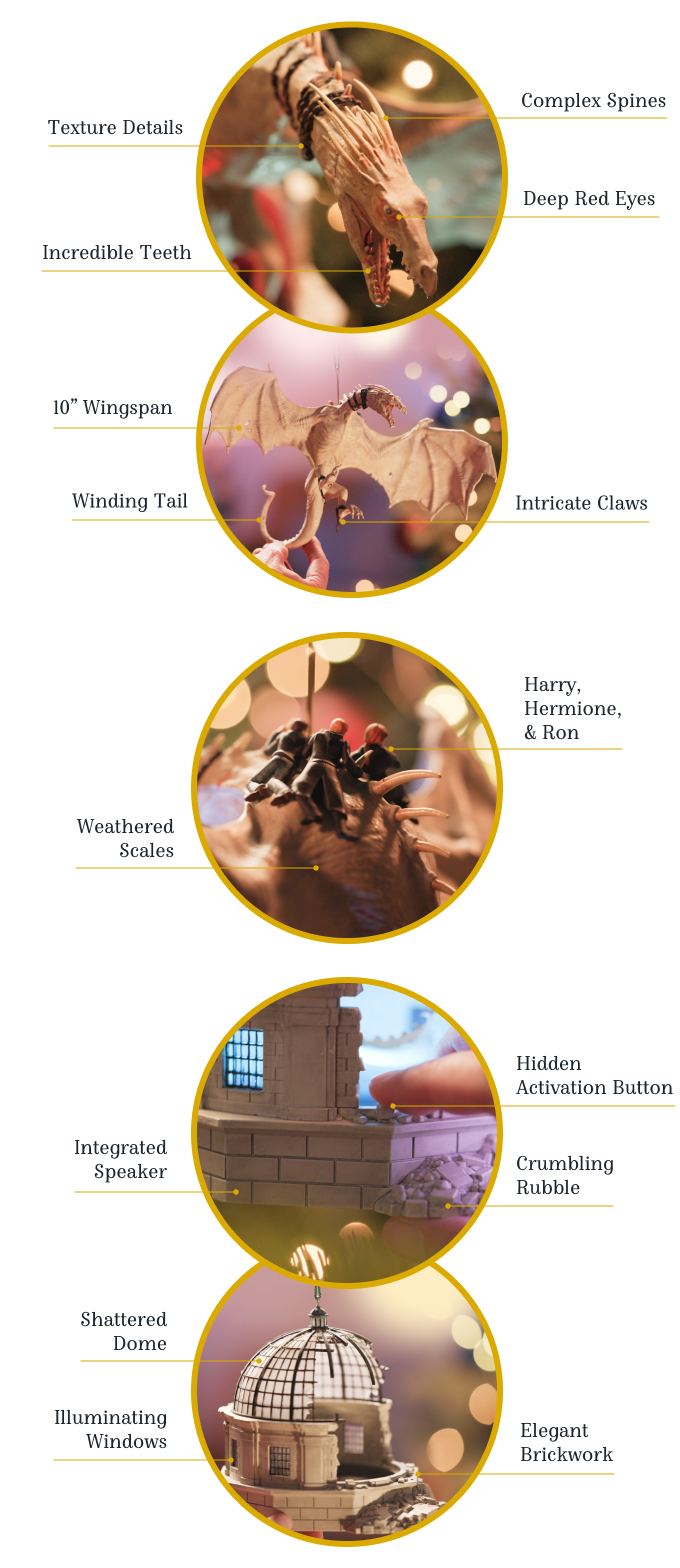 Detail callout diagram: texture details, complex spines, deep red eyes, incredible teeth, 10-inch wingspan, winding tail, intricate claws, Harry Hermione and Ron, weathered scales, hidden activation button, integrated speaker, crumbling rubble, shattered dome, illuminating windows, elegant brickwork.