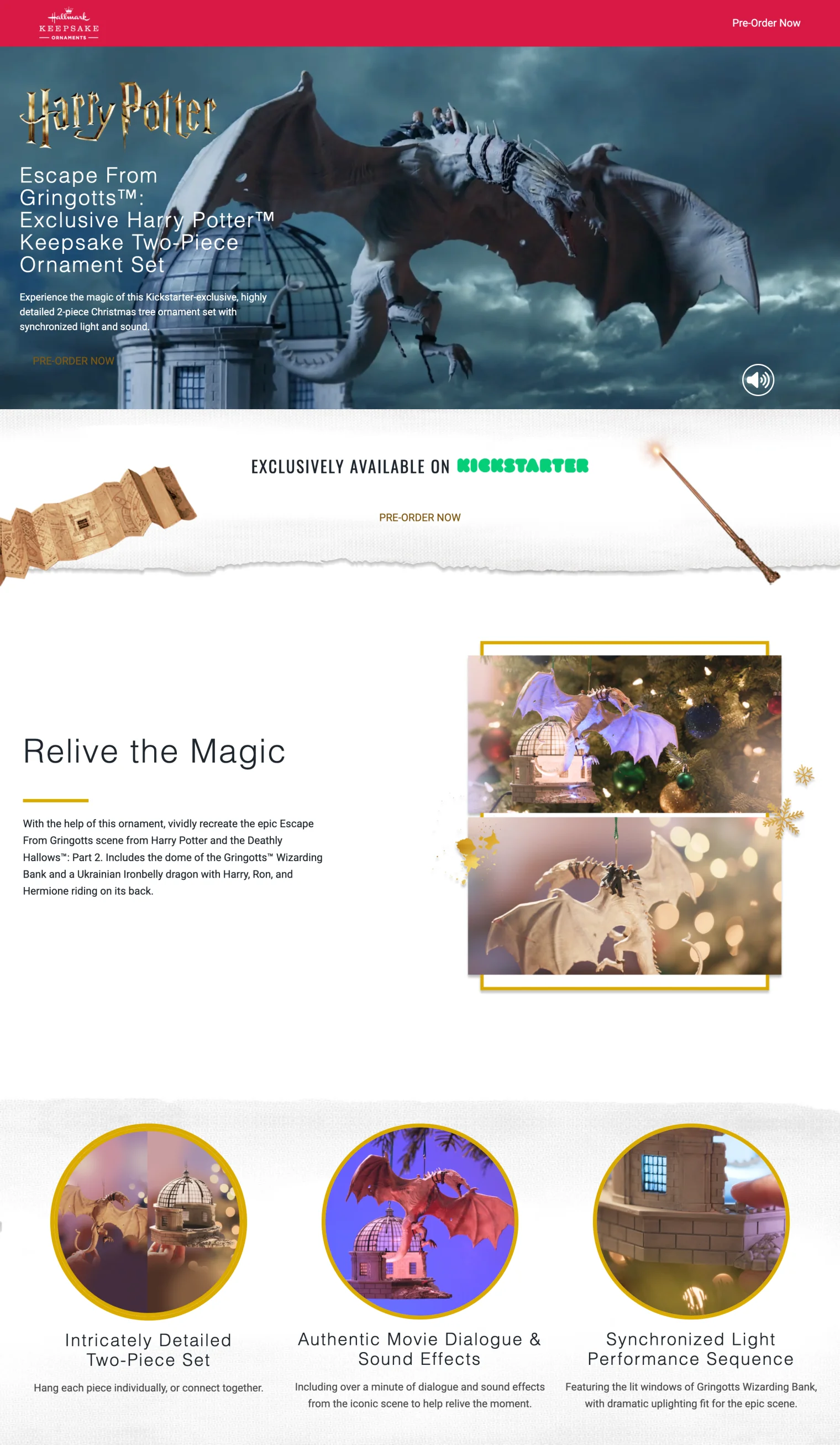 The crowdworks.hallmark.com pre-launch landing page: a full-bleed Harry Potter hero for the Escape from Gringotts ornament set, the 'Relive the Magic' story with product photography, and the three product feature highlights.