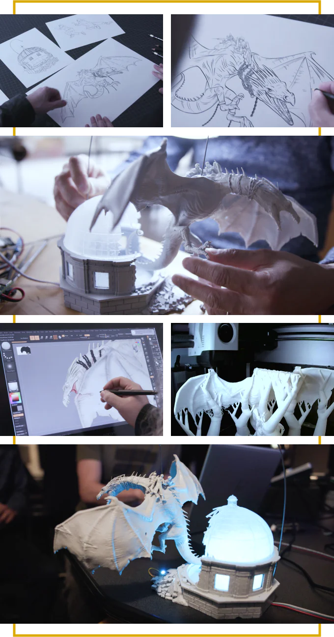 Making-of strip: concept sketches, hand sculpting, digital sculpting, and the painted Gringotts dome prototype.