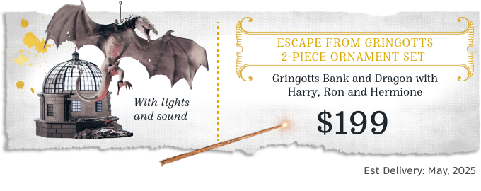 Torn-paper reward card: Escape from Gringotts 2-Piece Ornament Set — Gringotts Bank and Dragon with Harry, Ron and Hermione, with lights and sound — $199, estimated delivery May 2025.