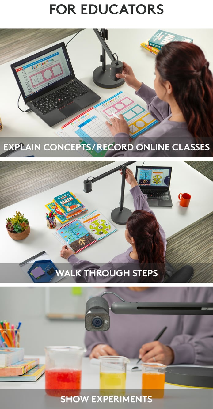 For educators: explain concepts and record online classes, walk through steps, show experiments.