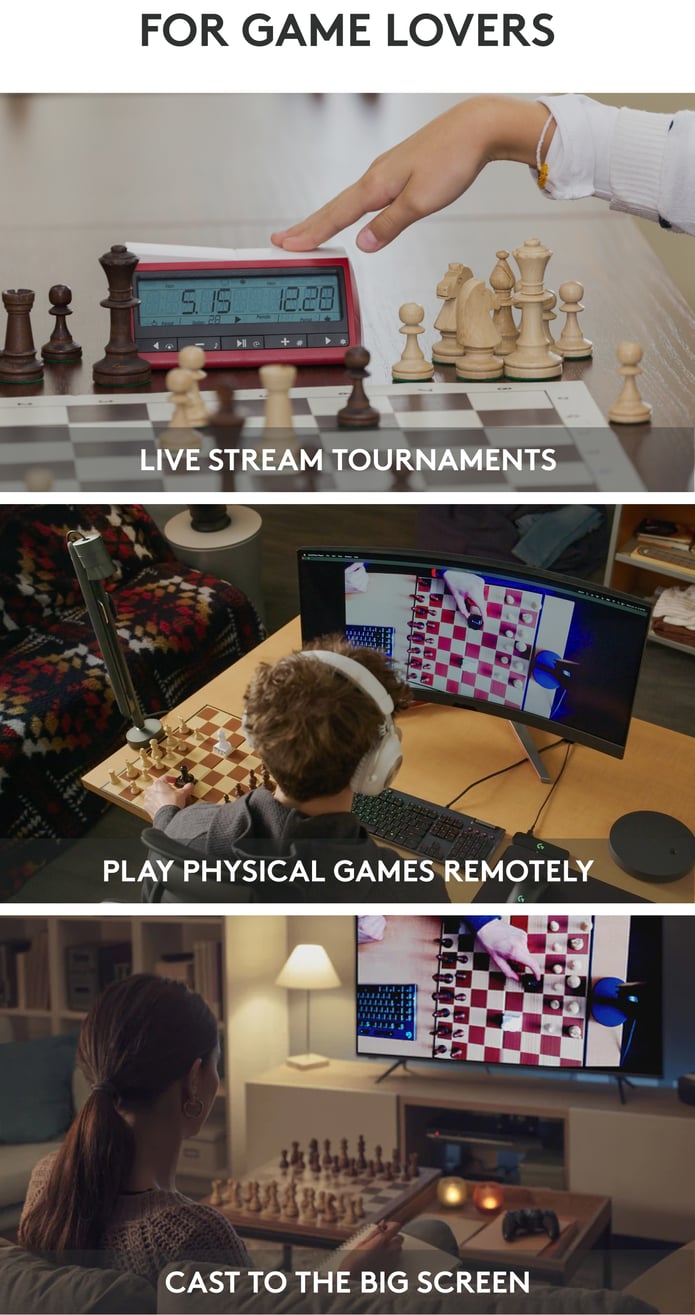 For game lovers: live stream tournaments, play physical games remotely, cast to the big screen.