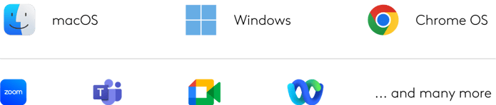 Compatibility logos: macOS, Windows, Chrome OS, Zoom, Microsoft Teams, Google Meet, Webex — and many more.