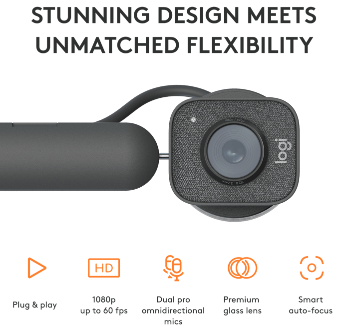 Stunning design meets unmatched flexibility — the StreamCam camera head, with feature icons: plug & play, 1080p up to 60 fps, dual pro omnidirectional mics, premium glass lens, smart auto-focus.