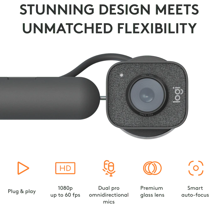 Stunning design meets unmatched flexibility — the StreamCam camera head, with feature icons: plug & play, 1080p up to 60 fps, dual pro omnidirectional mics, premium glass lens, smart auto-focus.