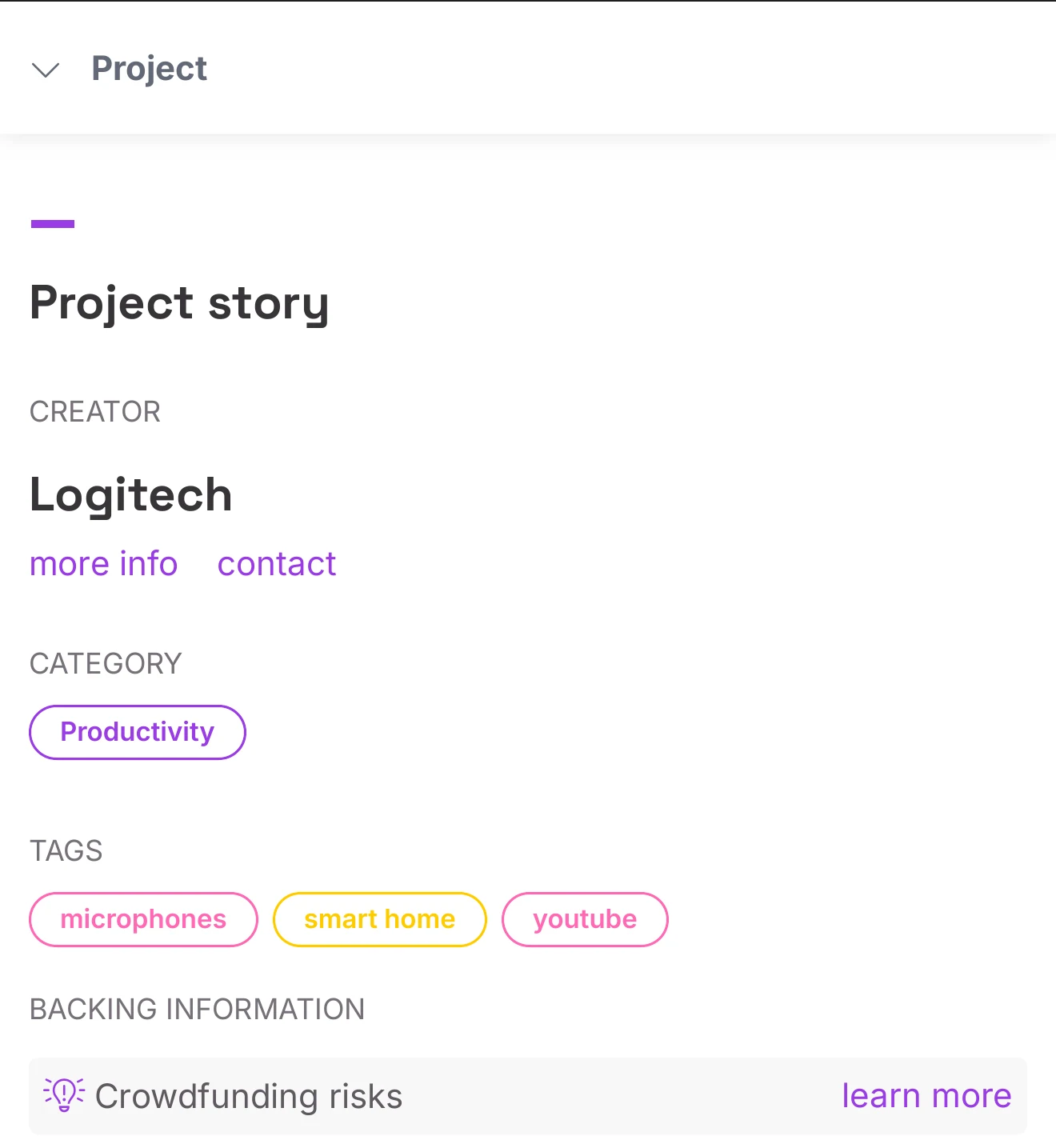 Project story block: creator Logitech, category Productivity, tags microphones, smart home, and youtube, and a crowdfunding-risks notice.