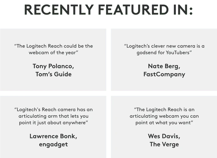 Recently featured in: Tom's Guide, FastCompany, engadget, and The Verge — with pull quotes calling Reach a possible webcam of the year and a godsend for YouTubers.
