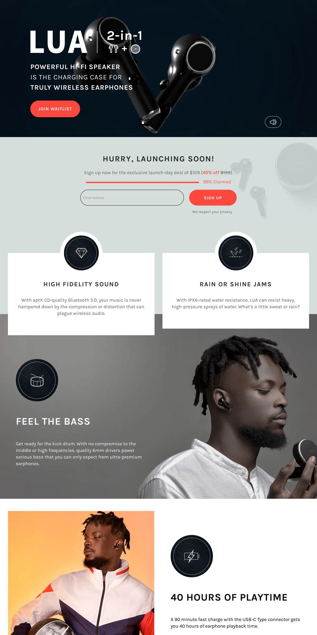 The luabeats.com waitlist page: a dark LUA 2-in-1 hero with black earbuds, the line “Powerful Hi-Fi Speaker is the charging case for Truly Wireless Earphones,” and a “Join Waitlist” button. Below it, a “Hurry, Launching Soon!” band offers a $109 launch-day deal (45% off $199) over a 99%-claimed meter, an email field, and a “Sign Up” button. Feature cards for “High Fidelity Sound” and “Rain or Shine Jams” follow, then “Feel the Bass” and the top of “40 Hours of Playtime.”