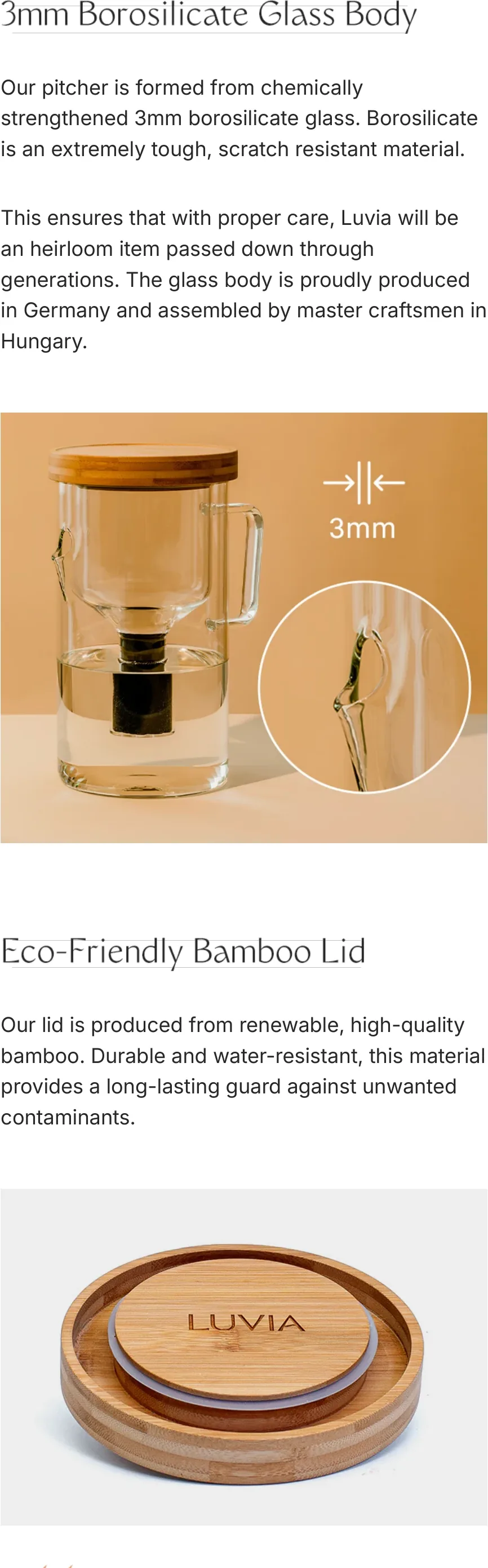 3mm borosilicate glass body and eco-friendly bamboo lid.