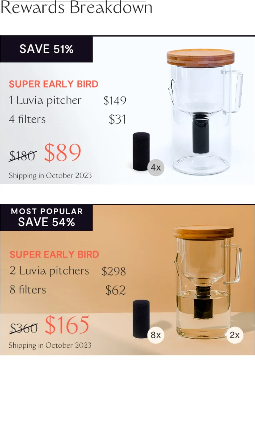Rewards Breakdown — pledge tiers and early-bird perks for backers.