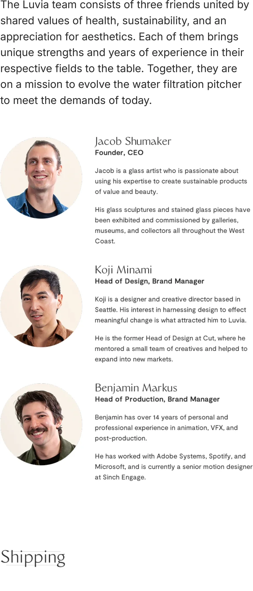 Meet the Luvia Team — the people behind the glass, including founder Jacob Shumaker.