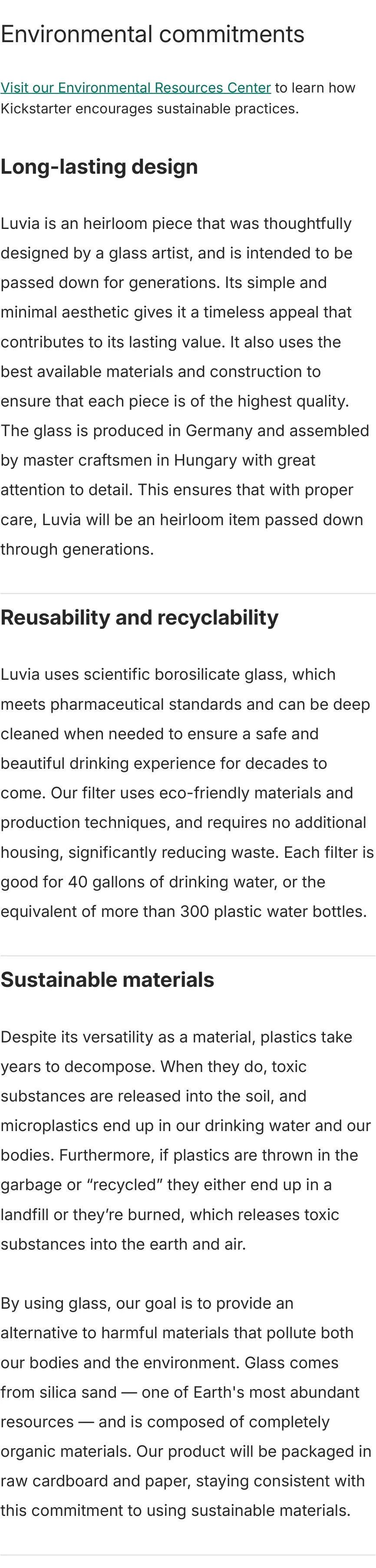 Environmental commitments — long-lasting design, reusability and recyclability, sustainable materials.