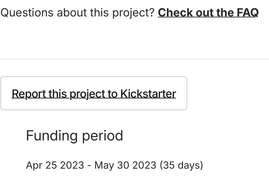 Page close: the FAQ pointer and the campaign's Apr 25 to May 30 2023 funding period.
