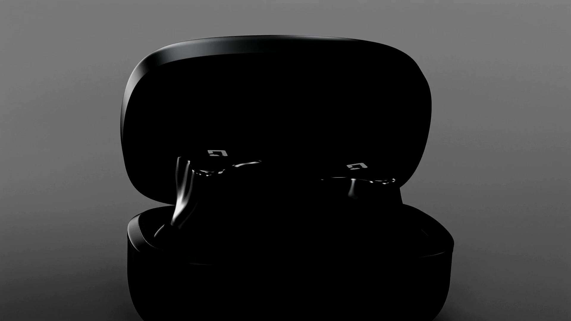 The HarmoniQ charging case open on a dark backdrop, both glossy black 3D-printed earbuds seated inside.