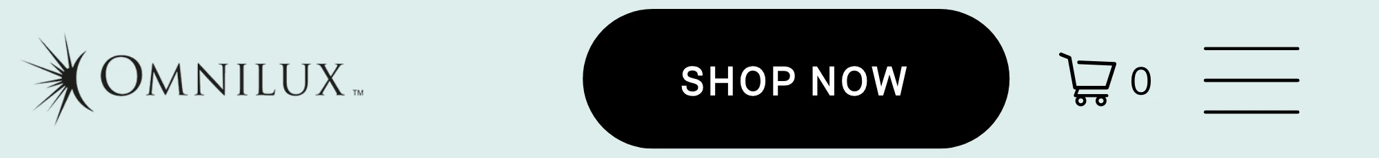 The Omnilux logo, a Shop Now button, the cart and the menu.