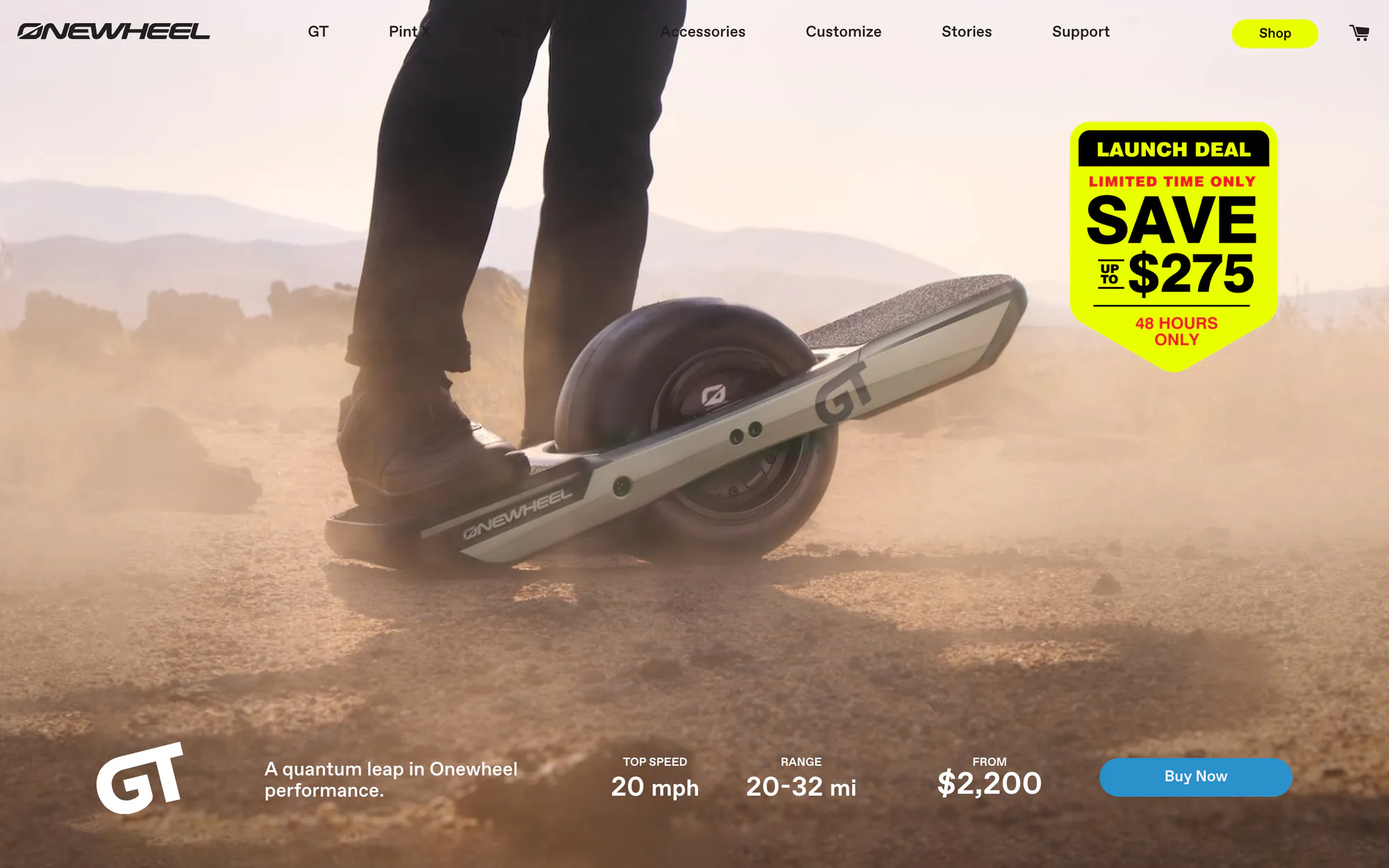 The GT product page at launch — ‘A quantum leap in Onewheel performance’: 20 mph, 20–32 mi range, $2,200.