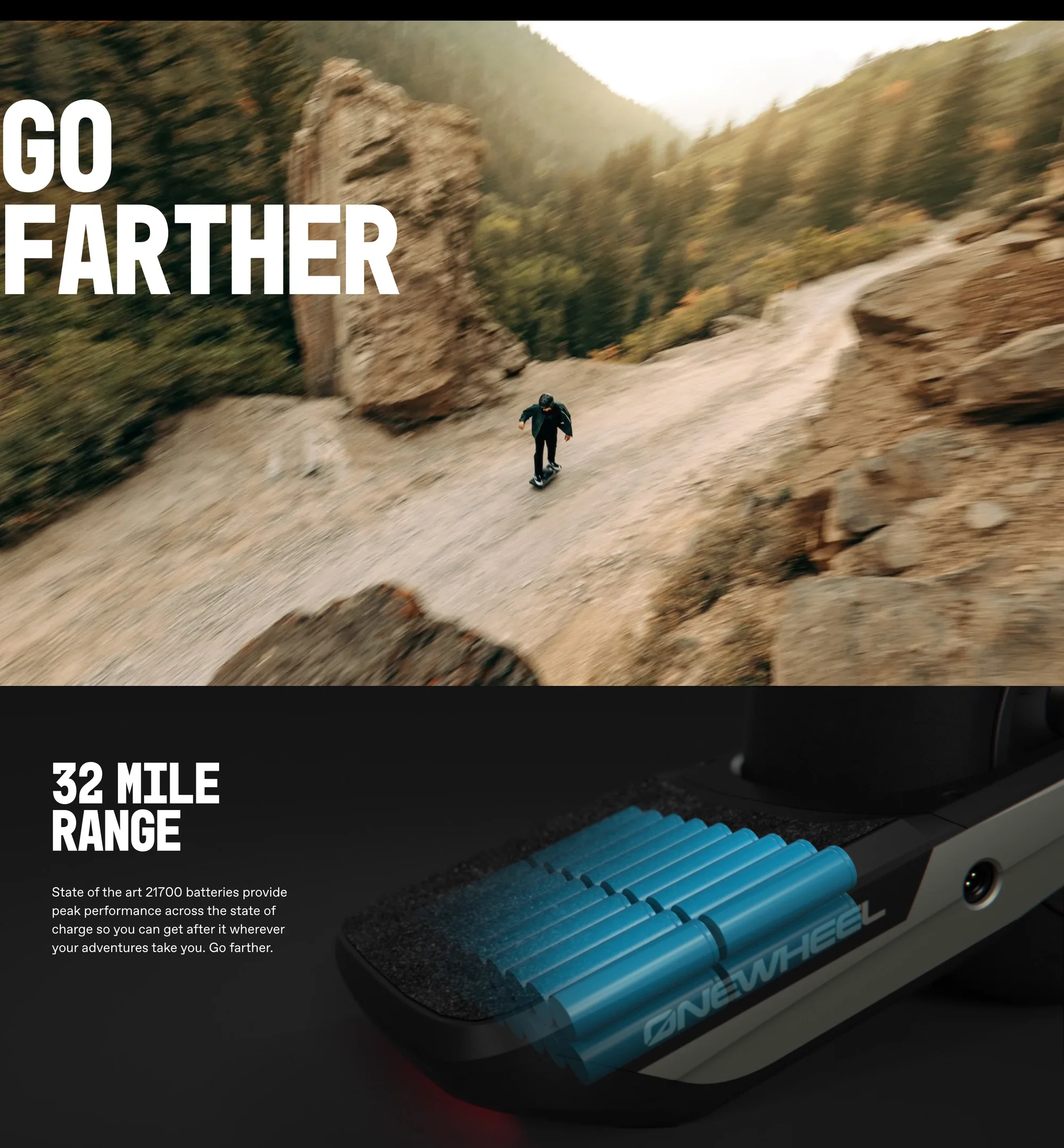 An aerial shot of a rider descending a rocky canyon trail past a huge standing boulder, under the giant stacked headline 'GO FARTHER'. Below, on black: '32 MILE RANGE' beside a macro render of blue 21700 battery cells packed inside the GT's footpad, with copy ending 'Go farther.'
