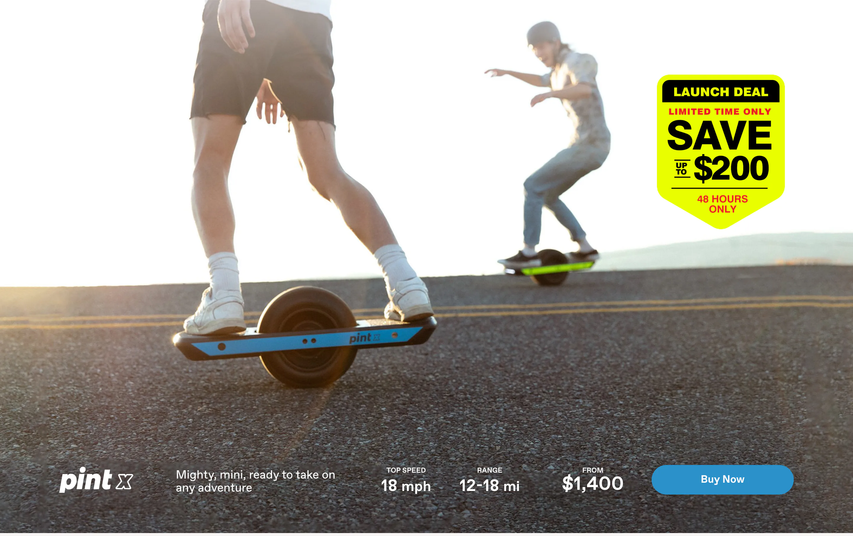 The Pint X product page at launch — ‘Mighty, mini, ready to take on any adventure’: 18 mph, 12–18 mi range, $1,400.