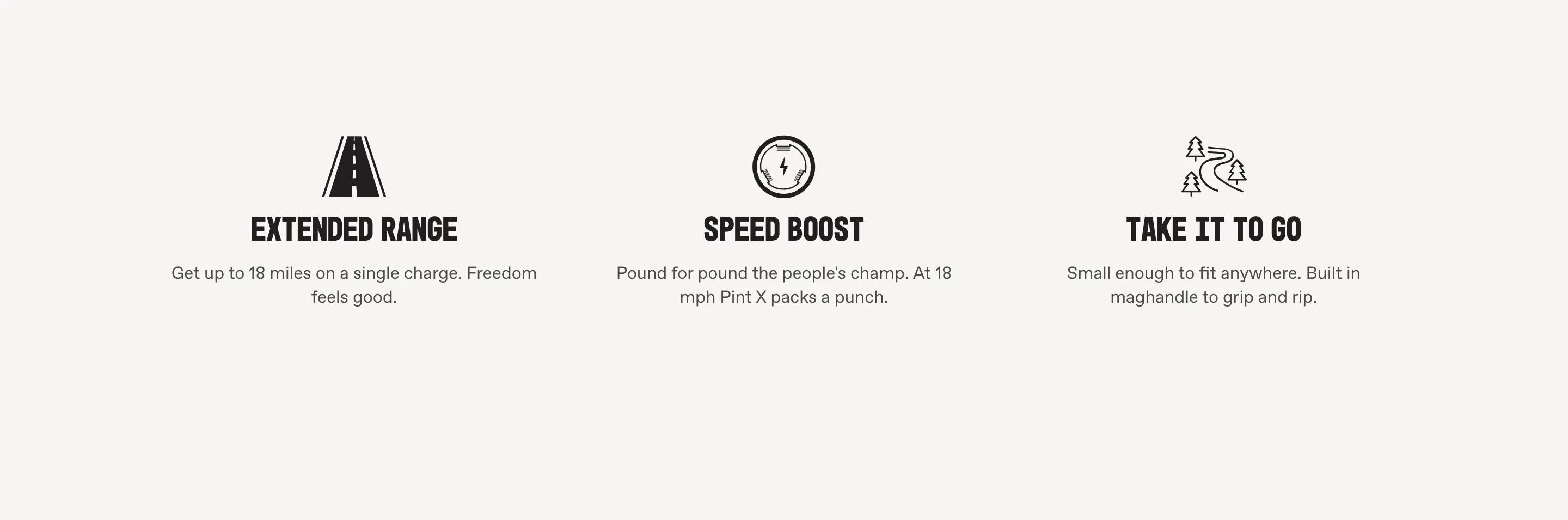 Three icon-led benefit blocks — 'EXTENDED RANGE: Get up to 18 miles on a single charge. Freedom feels good.', 'SPEED BOOST: Pound for pound the people's champ. At 18 mph Pint X packs a punch.', 'TAKE IT TO GO: Small enough to fit anywhere. Built in maghandle to grip and rip.'