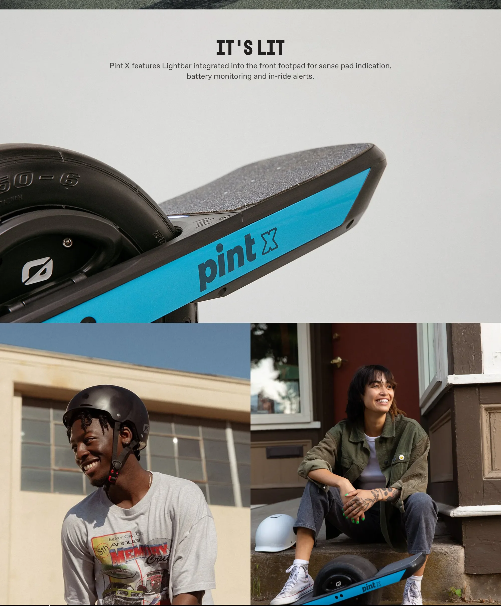 Product page section headed 'IT'S LIT' with the line 'Pint X features Lightbar integrated into the front footpad for sense pad indication, battery monitoring and in-ride alerts.' Below, a close-up of the blue Pint X rail, then two lifestyle photos: a smiling rider in a black helmet, and a woman sitting on brick steps beside her blue Pint X.