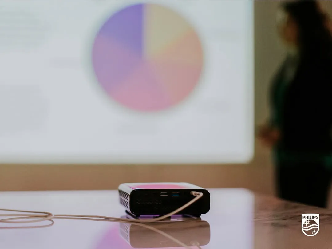 The PicoPix Max on a glossy table projecting a pie chart onto the wall, a presenter blurred at right