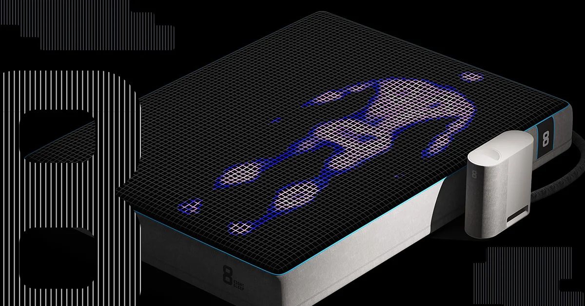 Eight Sleep Pod: a dark mattress with a glowing thermal map across its surface, its silver bedside hub clipped to one edge.