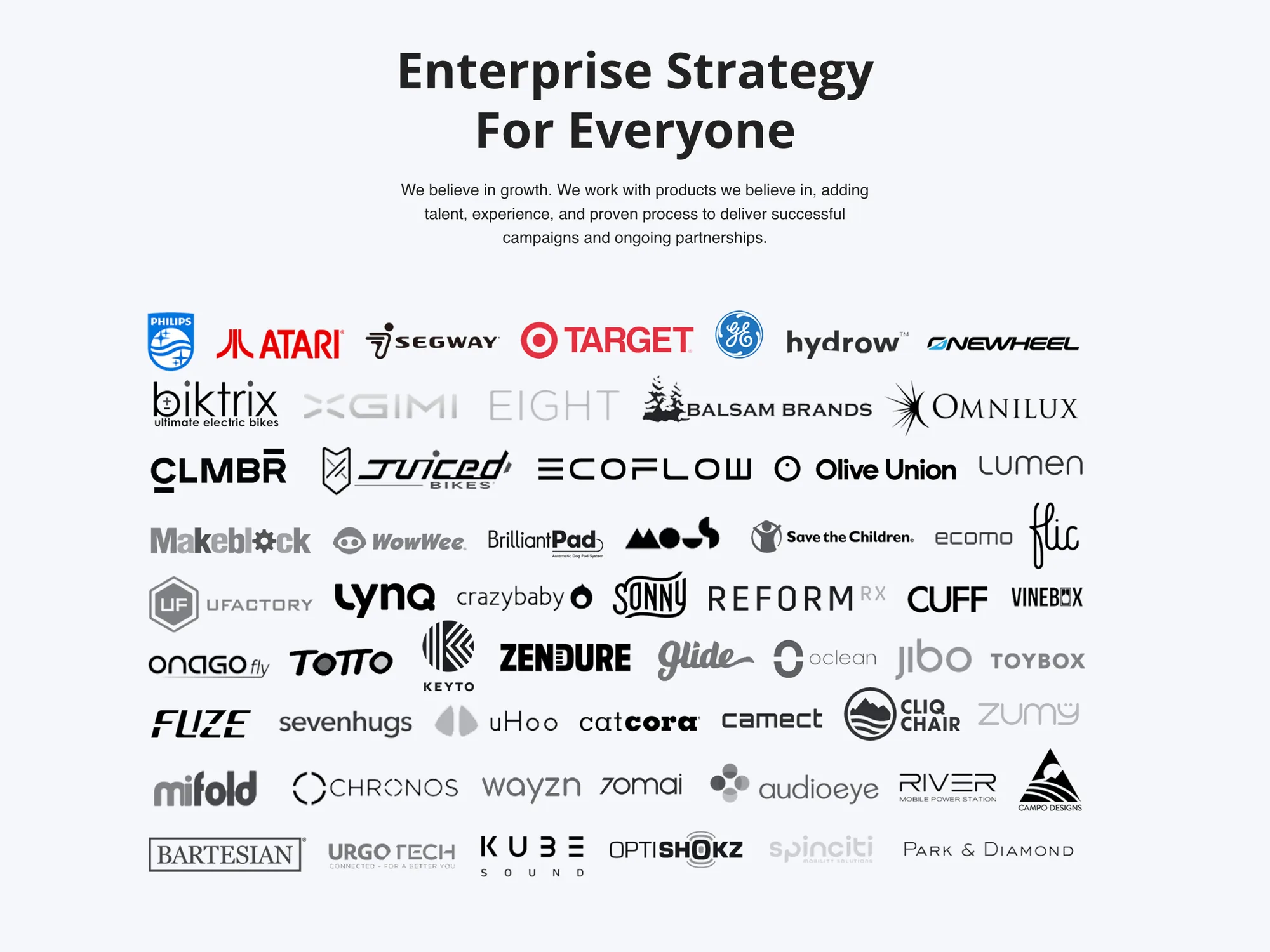 Pale gray band headed Enterprise Strategy For Everyone over the line We believe in growth. We work with products we believe in, adding talent, experience, and proven process to deliver successful campaigns and ongoing partnerships. Beneath it, a wall of about seventy client logos in eight rows, mostly gray: Philips, Atari, Segway, Target, GE, Hydrow, Onewheel, Biktrix, XGIMI, Eight, Balsam Brands, Omnilux, CLMBR, Juiced Bikes, EcoFlow, Olive Union, Lumen, Makeblock, WowWee, Save the Children, Reform RX, Zendure, Jibo, Toybox, Bartesian, Kube Sound and others.