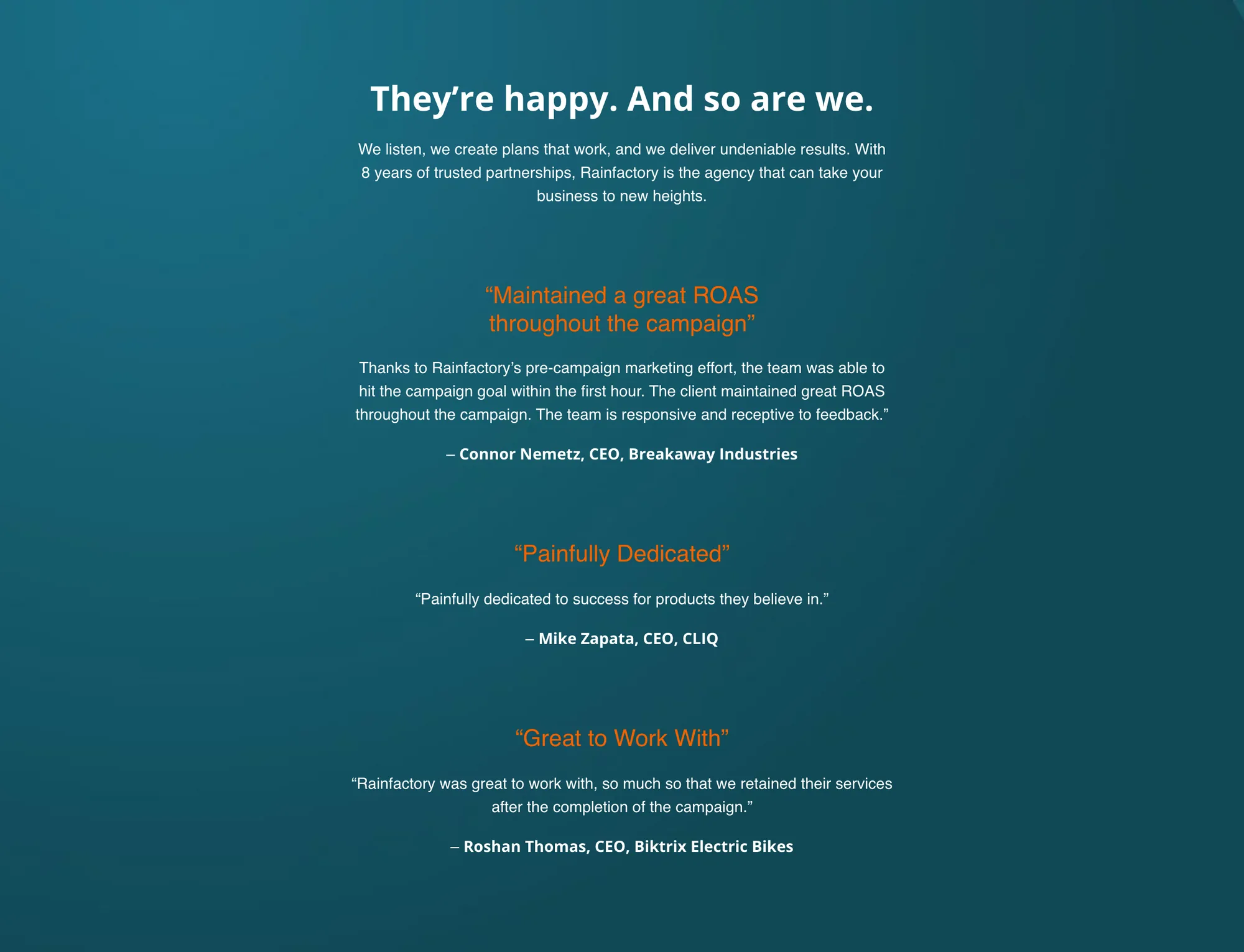 Deep teal band with a faint photographic texture. Heading They’re happy. And so are we. with the line We listen, we create plans that work, and we deliver undeniable results. With 8 years of trusted partnerships, Rainfactory is the agency that can take your business to new heights. Three testimonials follow, each under an orange pull-quote heading: Maintained a great ROAS throughout the campaign, from Connor Nemetz, CEO, Breakaway Industries, whose full quote credits the pre-campaign marketing for hitting the goal in the first hour; Painfully Dedicated, from Mike Zapata, CEO, CLIQ; Great to Work With, from Roshan Thomas, CEO, Biktrix Electric Bikes, who retained the agency after the campaign.