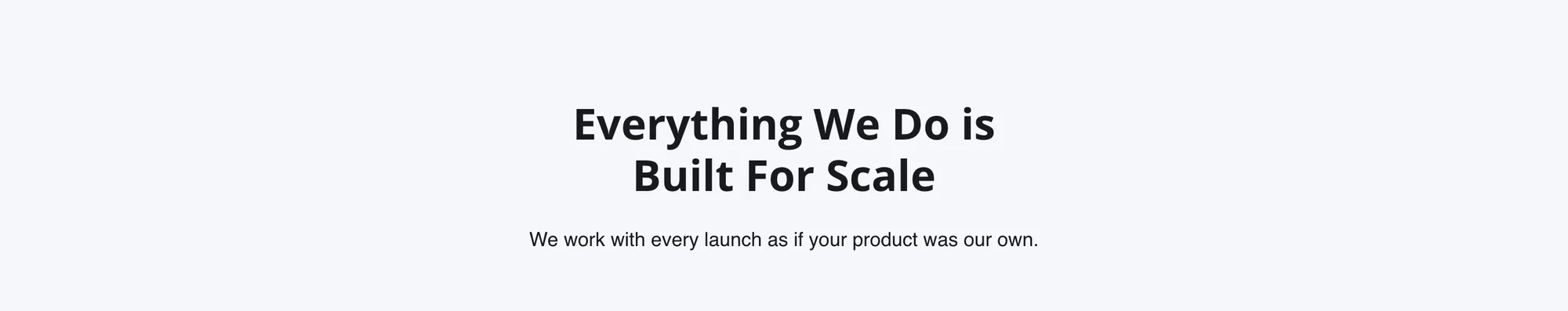 Pale gray band with the heading Everything We Do is Built For Scale over the line We work with every launch as if your product was our own.