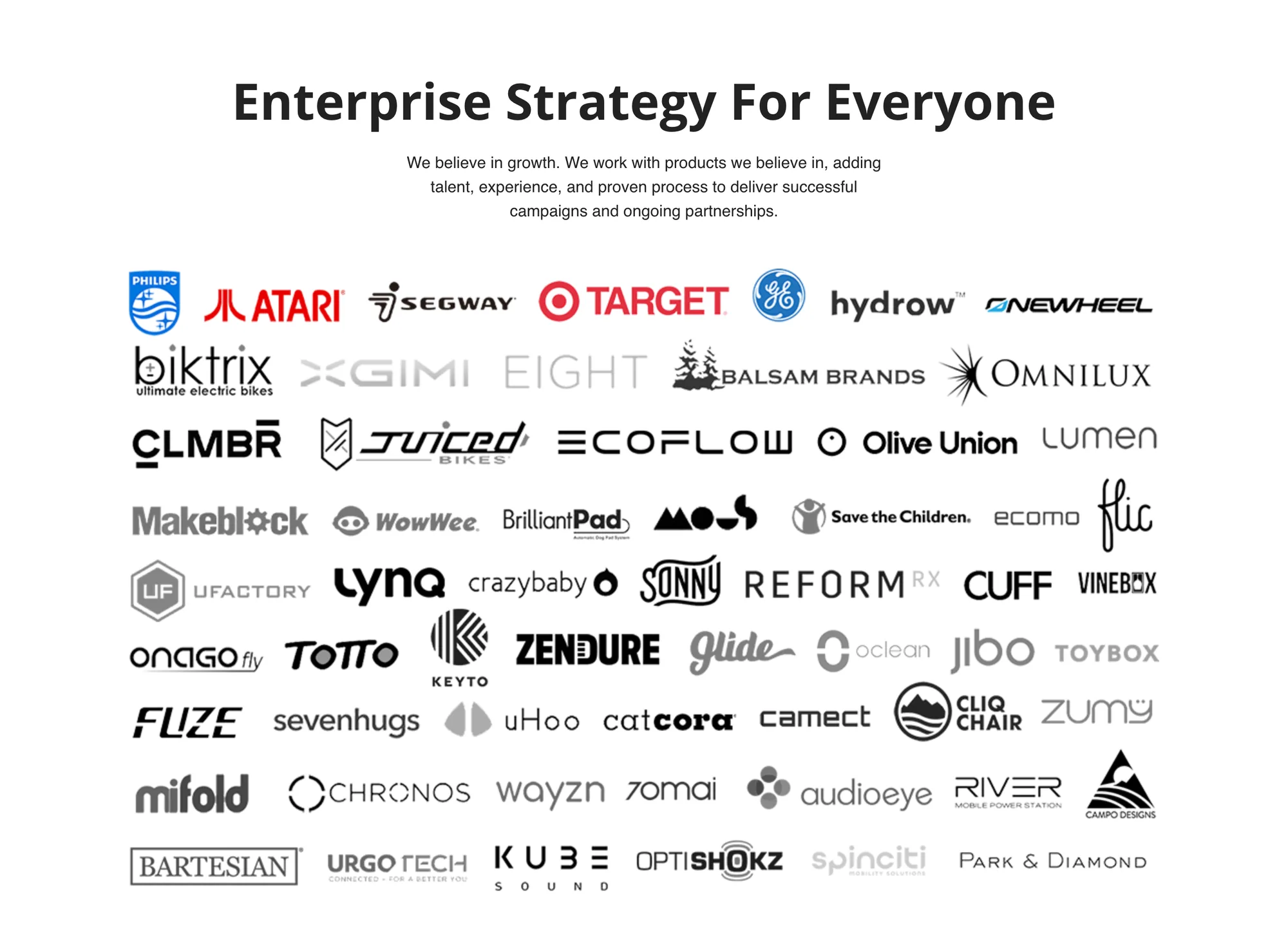 Heading Enterprise Strategy For Everyone over the line We believe in growth. We work with products we believe in, adding talent, experience, and proven process to deliver successful campaigns and ongoing partnerships. Beneath it, a wall of about seventy client logos in eight rows, mostly gray: Philips, Atari, Segway, Target, GE, Hydrow, Onewheel, Biktrix, XGIMI, Eight, Balsam Brands, Omnilux, CLMBR, Juiced Bikes, EcoFlow, Olive Union, Lumen, Makeblock, WowWee, Save the Children, Reform RX, Zendure, Jibo, Toybox, Bartesian, Kube Sound and others.