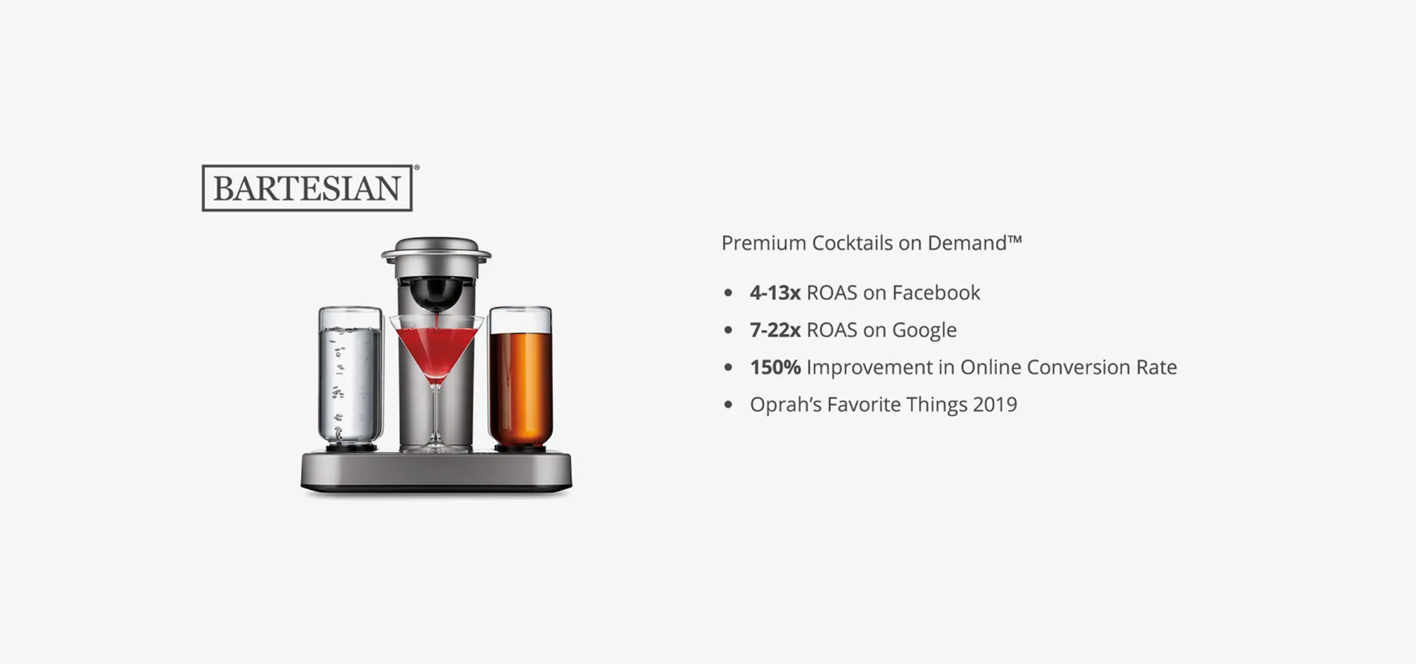 Light gray carousel slide with the Bartesian logo, the Bartesian machine with a red cocktail under its spout between two glass bottles, and the line Premium Cocktails on Demand™. Four bullets: 4-13x ROAS on Facebook; 7-22x ROAS on Google; 150% Improvement in Online Conversion Rate; Oprah’s Favorite Things 2019.