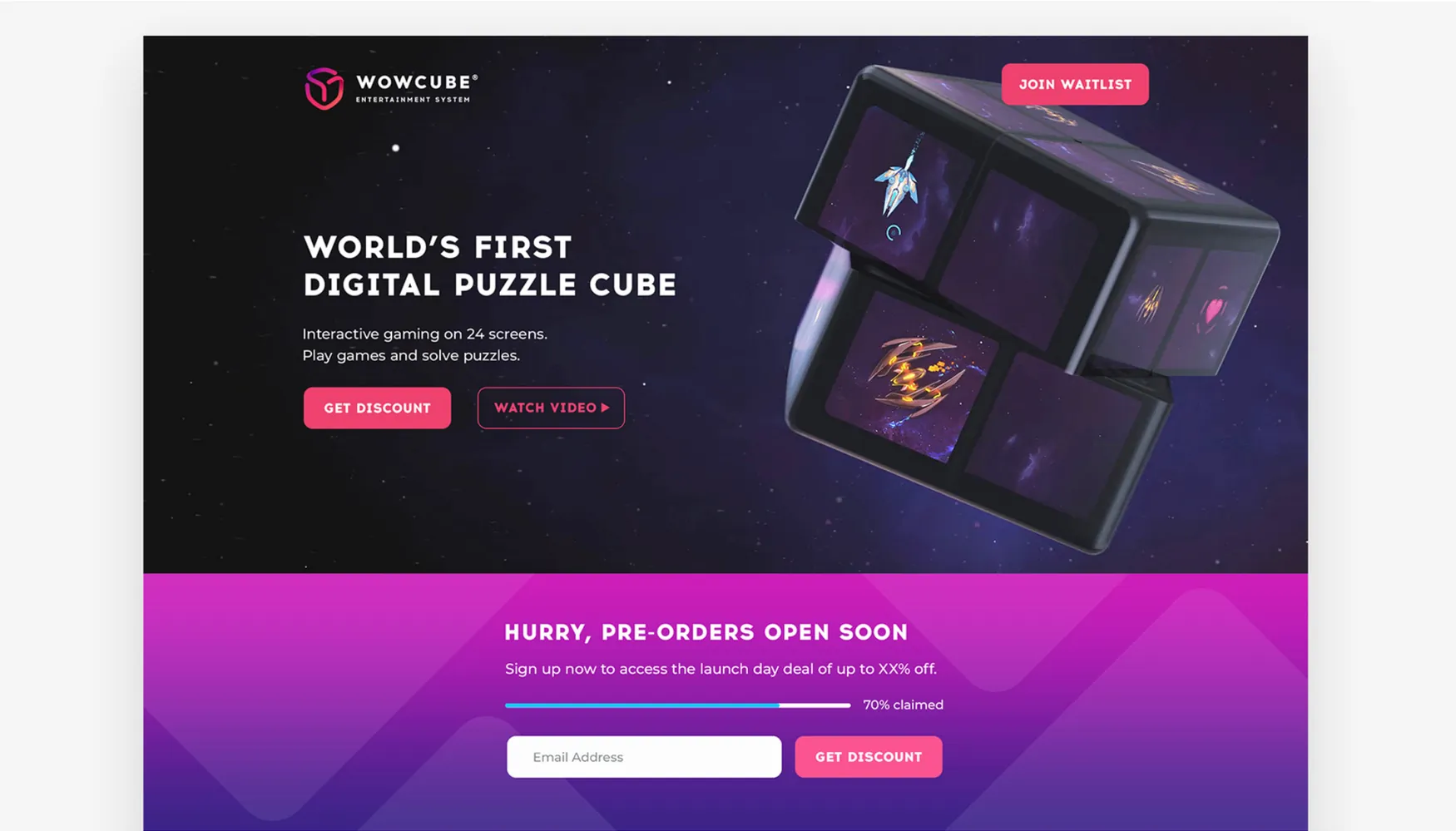 A carousel slide showing a screenshot of the WOWCube website: on a starry purple sky, the headline WORLD’S FIRST DIGITAL PUZZLE CUBE, the lines Interactive gaming on 24 screens. Play games and solve puzzles., and GET DISCOUNT and WATCH VIDEO buttons beside the glowing cube; below, a magenta band headed HURRY, PRE-ORDERS OPEN SOON with an email field and a GET DISCOUNT button.