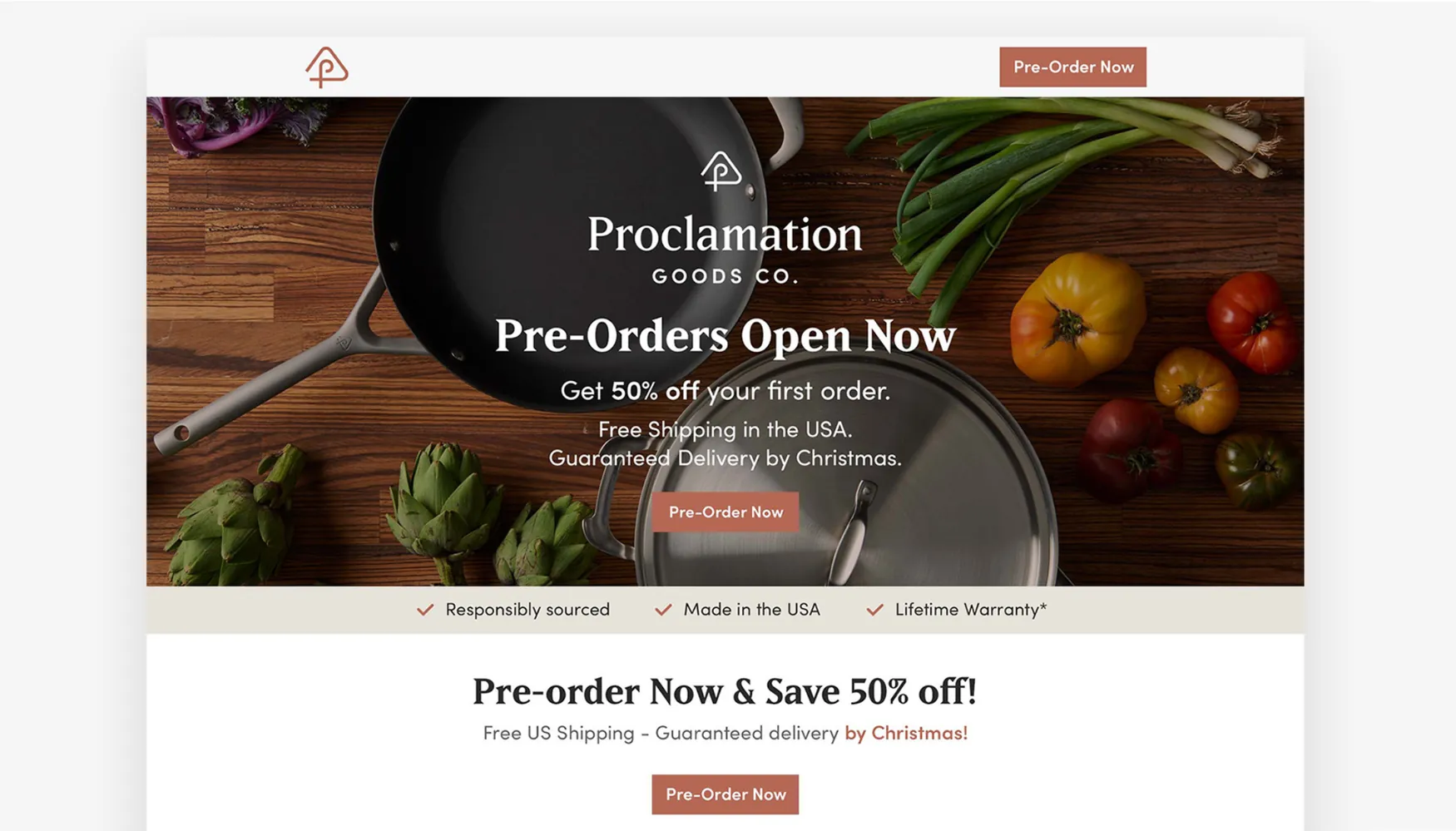 A carousel slide showing a screenshot of the Proclamation Goods Co. website: over a pan and vegetables on a wooden table, Pre-Orders Open Now, Get 50% off your first order. Free Shipping in the USA. Guaranteed Delivery by Christmas., and a Pre-Order Now button; a strip reading Responsibly sourced, Made in the USA, Lifetime Warranty*; then the heading Pre-order Now & Save 50% off!