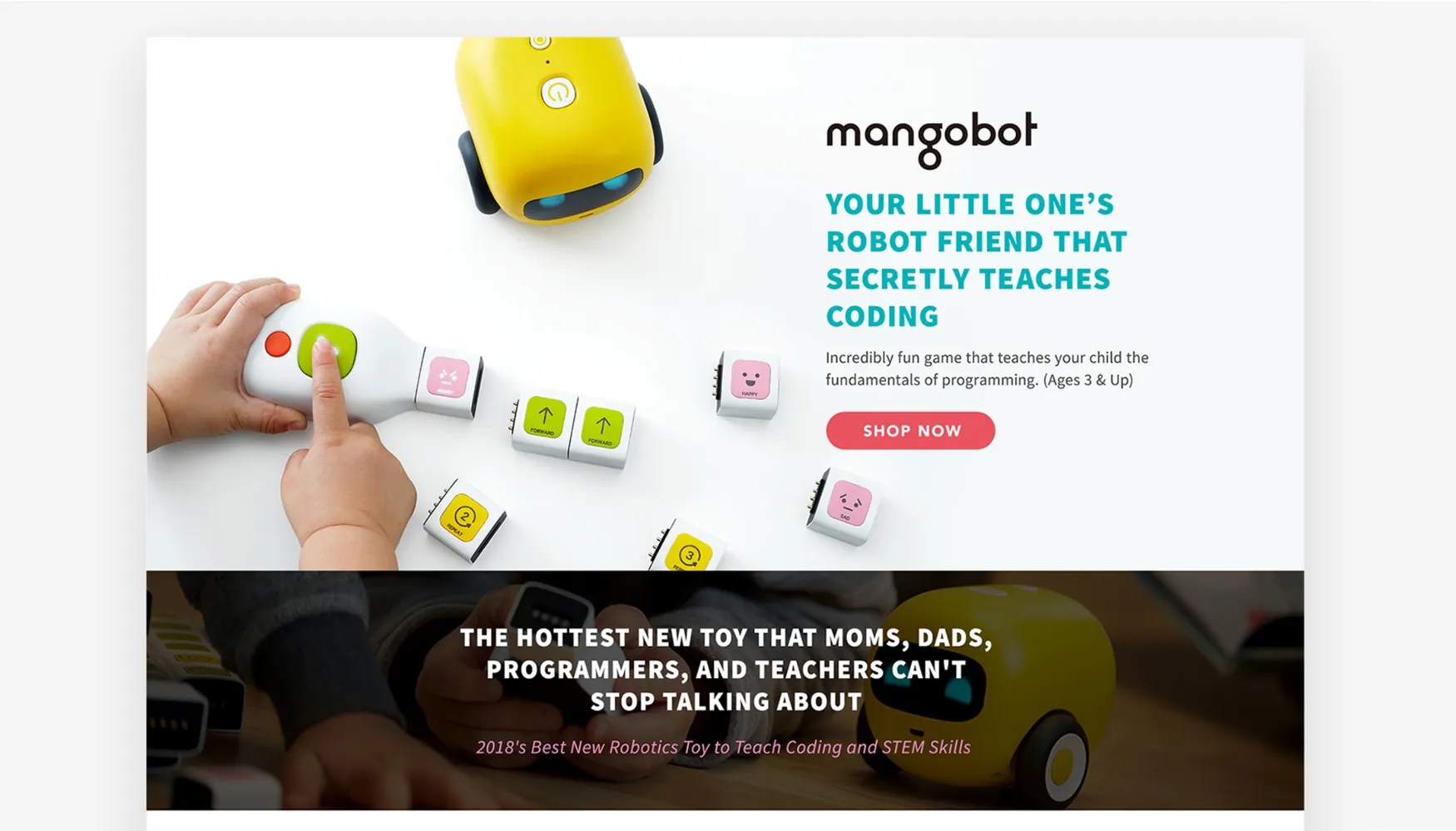 A carousel slide showing a screenshot of the Mangobot website: a child’s finger pressing a button on a white controller beside the yellow robot and scattered blocks, the headline YOUR LITTLE ONE’S ROBOT FRIEND THAT SECRETLY TEACHES CODING, and a SHOP NOW button; below, a dark band reading THE HOTTEST NEW TOY THAT MOMS, DADS, PROGRAMMERS, AND TEACHERS CAN’T STOP TALKING ABOUT.