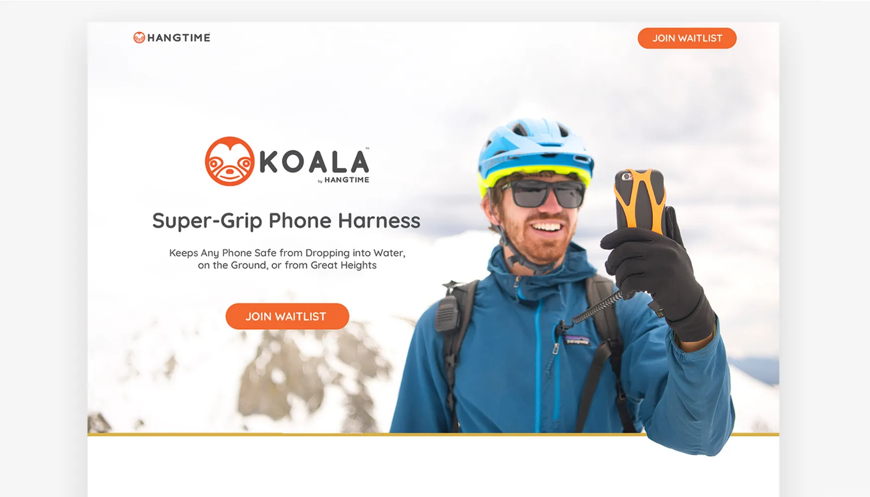 A carousel slide showing a screenshot of the Hangtime website: the Koala by Hangtime logo, the headline Super-Grip Phone Harness, the line Keeps Any Phone Safe from Dropping into Water, on the Ground, or from Great Heights, and a JOIN WAITLIST button, beside a smiling man in a bike helmet holding up a phone in the harness on a snowy mountain.