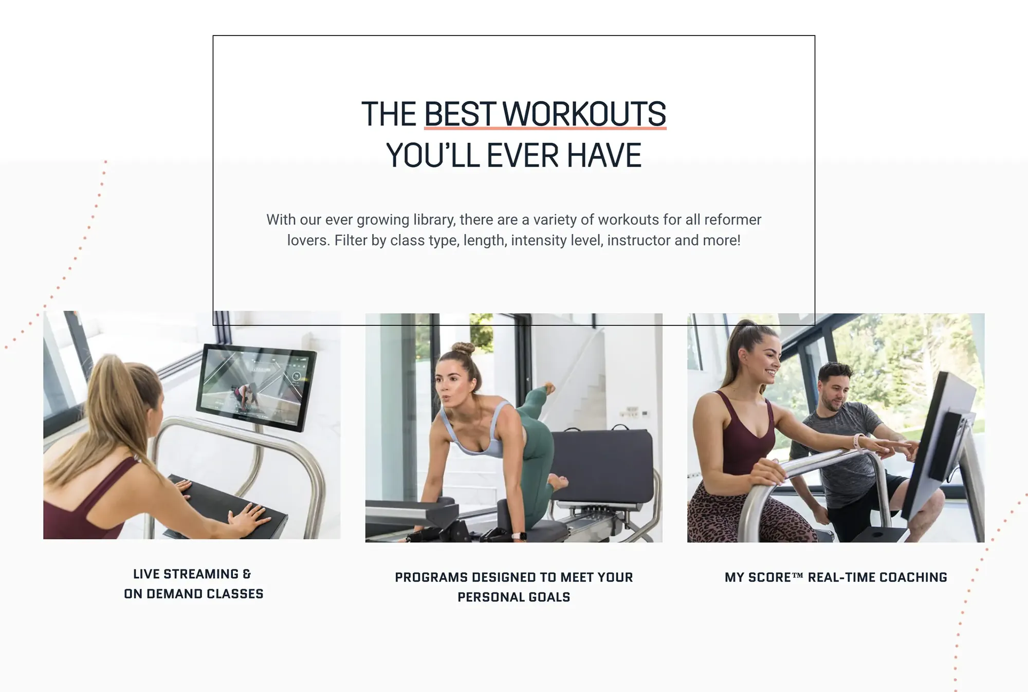 THE BEST WORKOUTS YOU'LL EVER HAVE — live streaming and on-demand classes, programs designed to meet your personal goals, My Score real-time coaching.