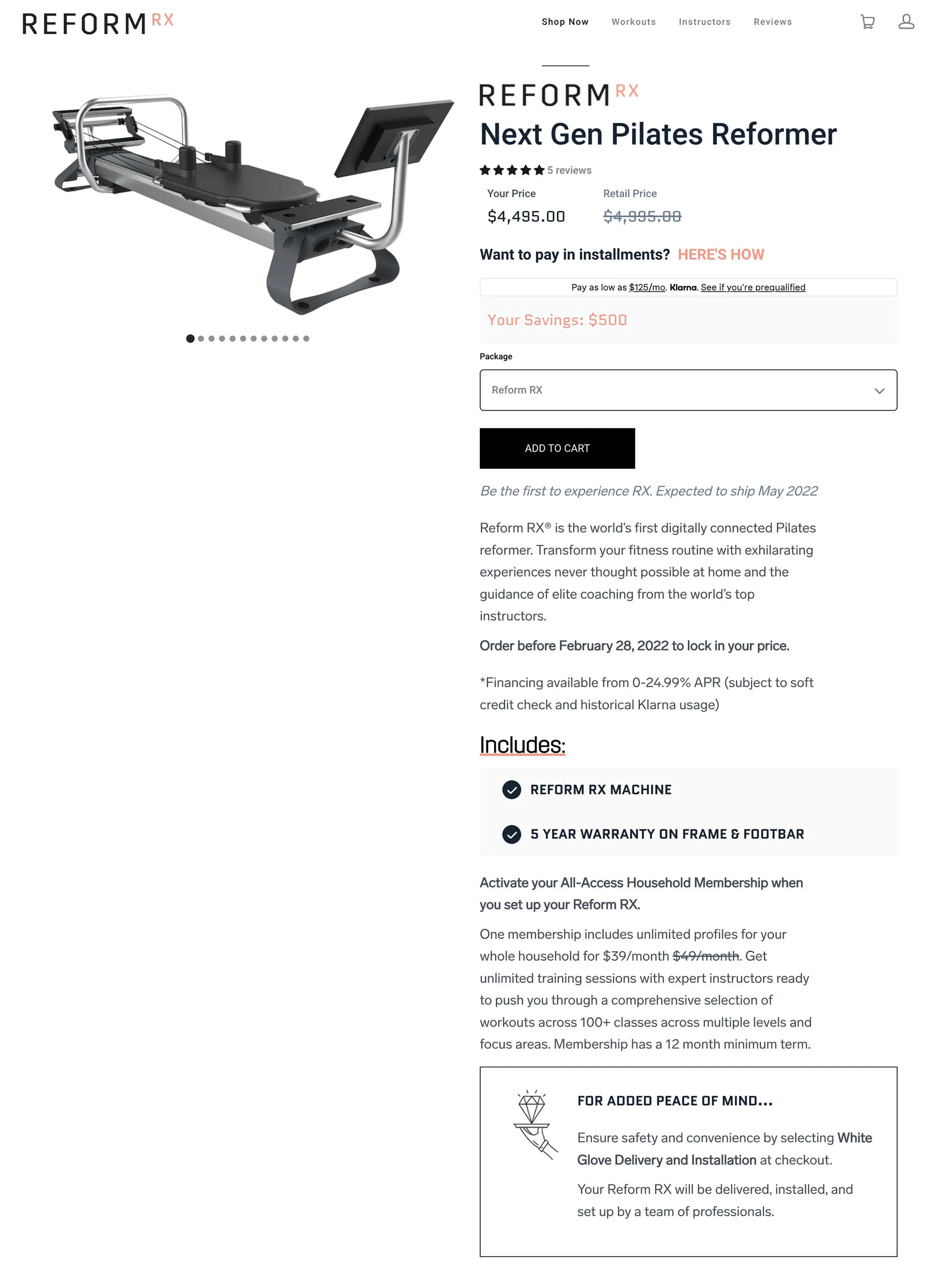 Product detail buy box: REFORM RX Next Gen Pilates Reformer, five stars, Your Price $4,495 against $4,995 retail, Klarna installments, Your Savings: $500, package selector, ADD TO CART, 'Be the first to experience RX. Expected to ship May 2022,' a price-lock note for ordering before February 28, 2022, what's included, the All-Access membership terms, and White Glove delivery.