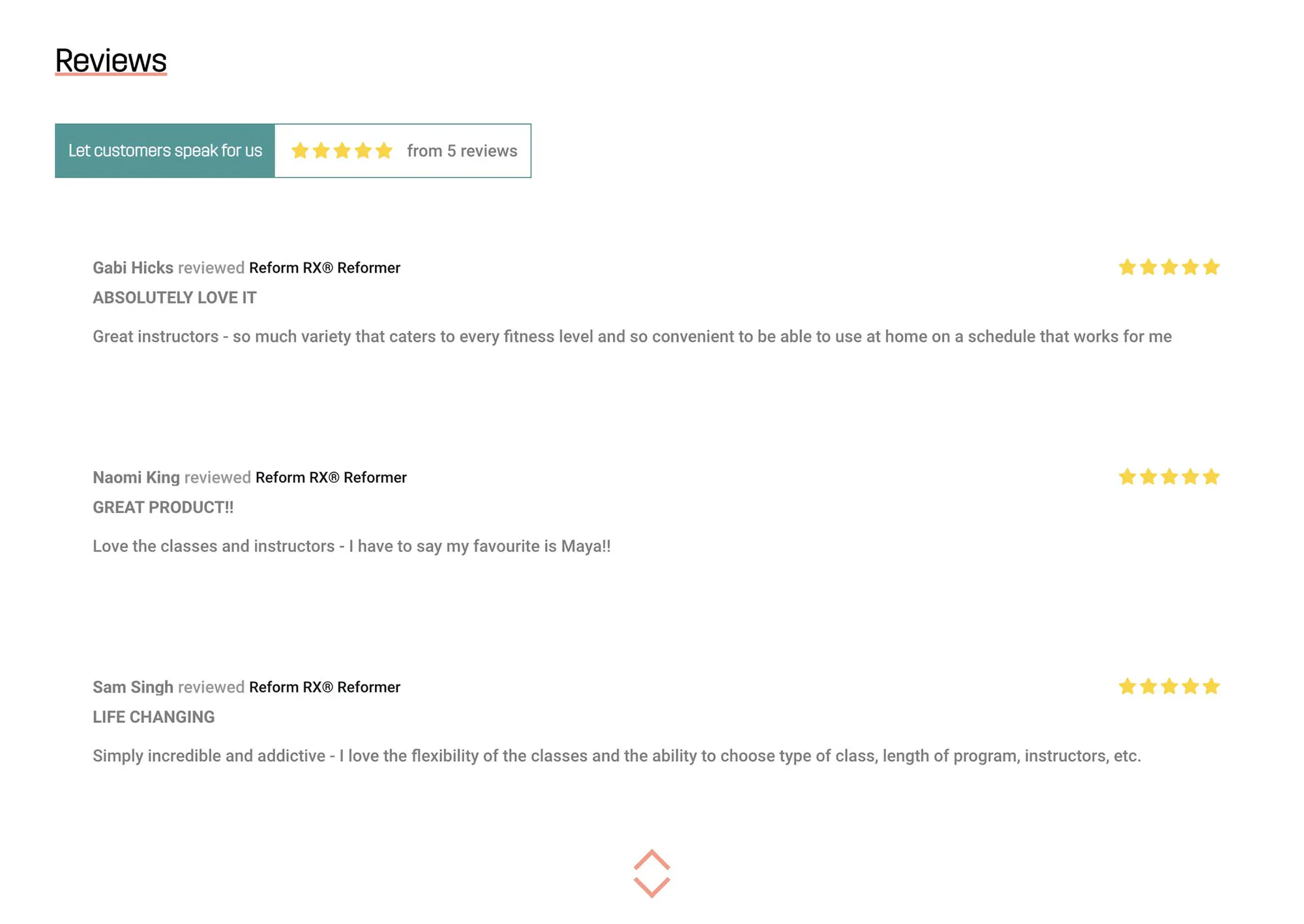 Reviews — five stars from 5 reviews, three shown, each praising the classes and instructors.