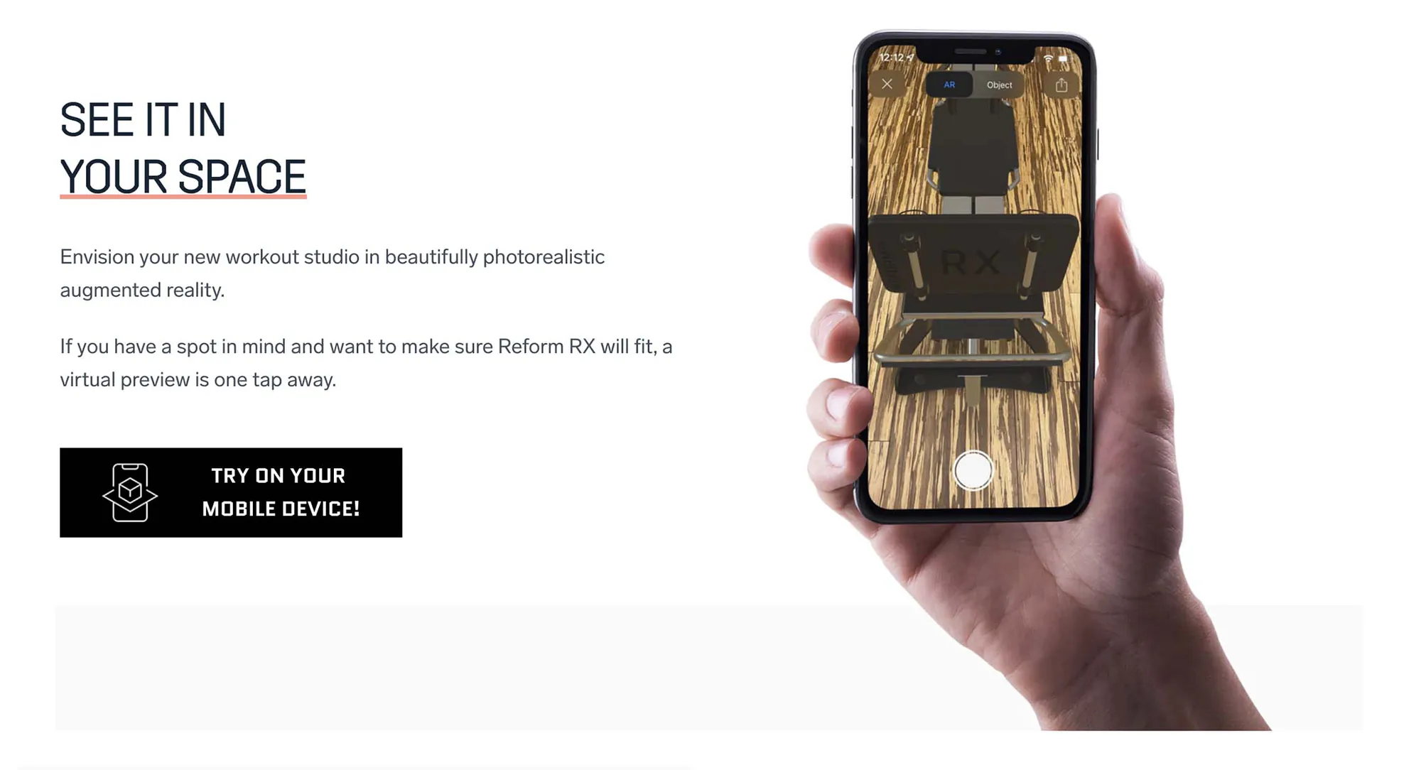 The product page's SEE IT IN YOUR SPACE module: a hand holds a phone showing the reformer placed on a wood floor in augmented reality, with a TRY ON YOUR MOBILE DEVICE button.