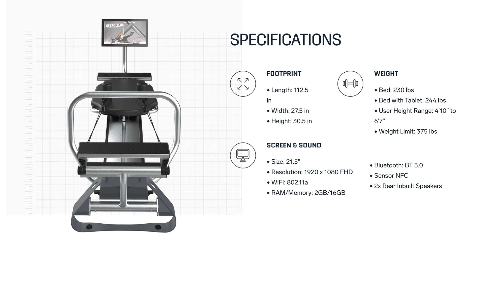 SPECIFICATIONS — footprint, weight, screen and sound, connectivity — beside a technical illustration of the machine.