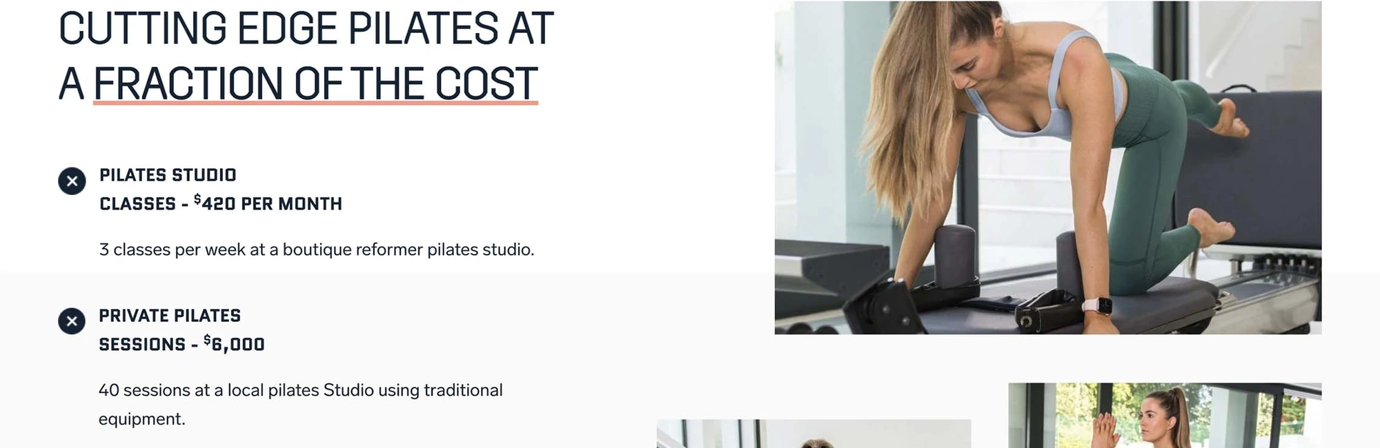 CUTTING EDGE PILATES AT A FRACTION OF THE COST — Pilates studio classes at $420 per month and private reformer sessions at $6,000, beside photos of women training on the reformer.